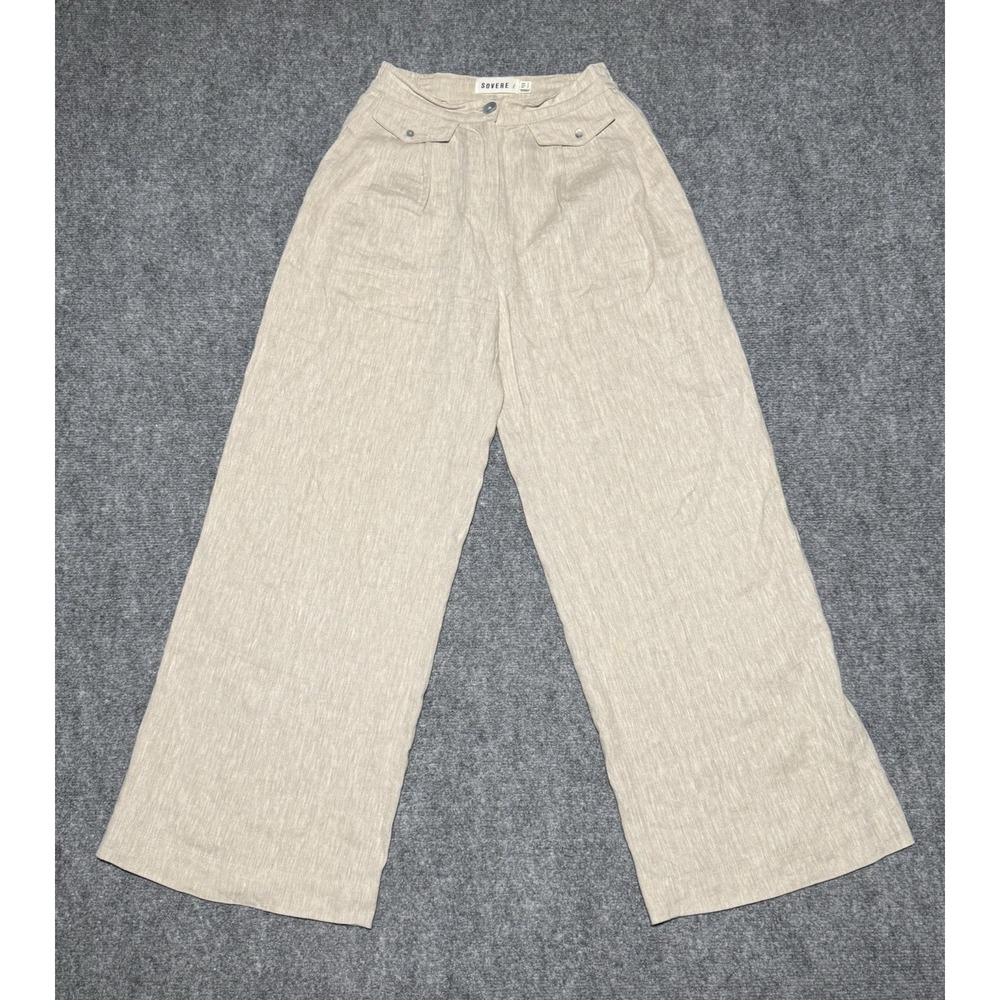 Sovere Dress Pants Women 8 Small Beige Linen Wide Leg Elastic Waist Breeze Light